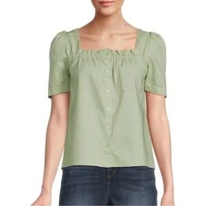 Saks Fifth Avenue Women’s Mint Green Linen Cotton Blouse Puff‎ Sleeves Size XS